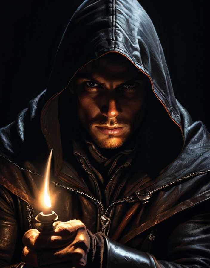 Portret zakapturzonego łotrzyka ze sztyletem